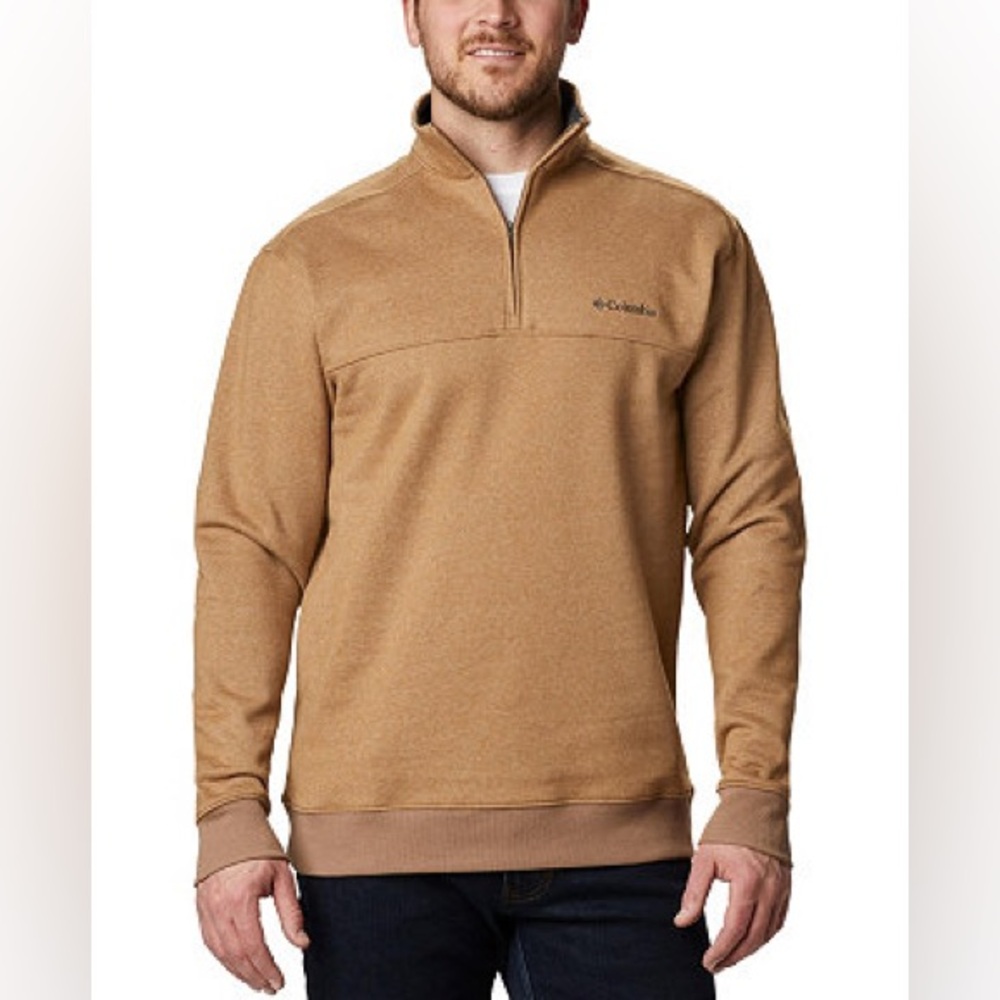 Columbia Mens Quarter Zip Fleece Lined Pullover Camel Brown Sweatshirt - Size S